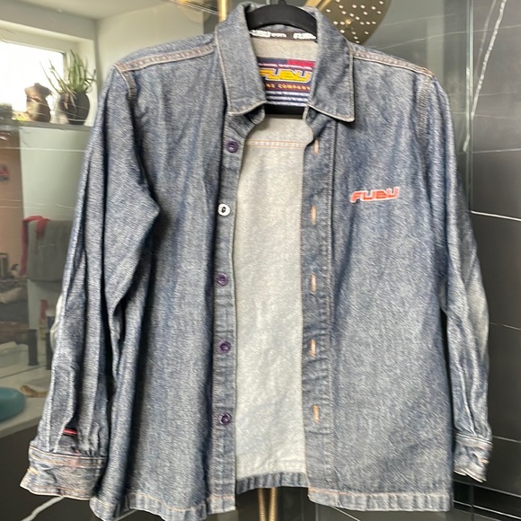 Fubu sports thick denim shirt size Xs womens small cropped sleeve y2k - Picture 6 of 9